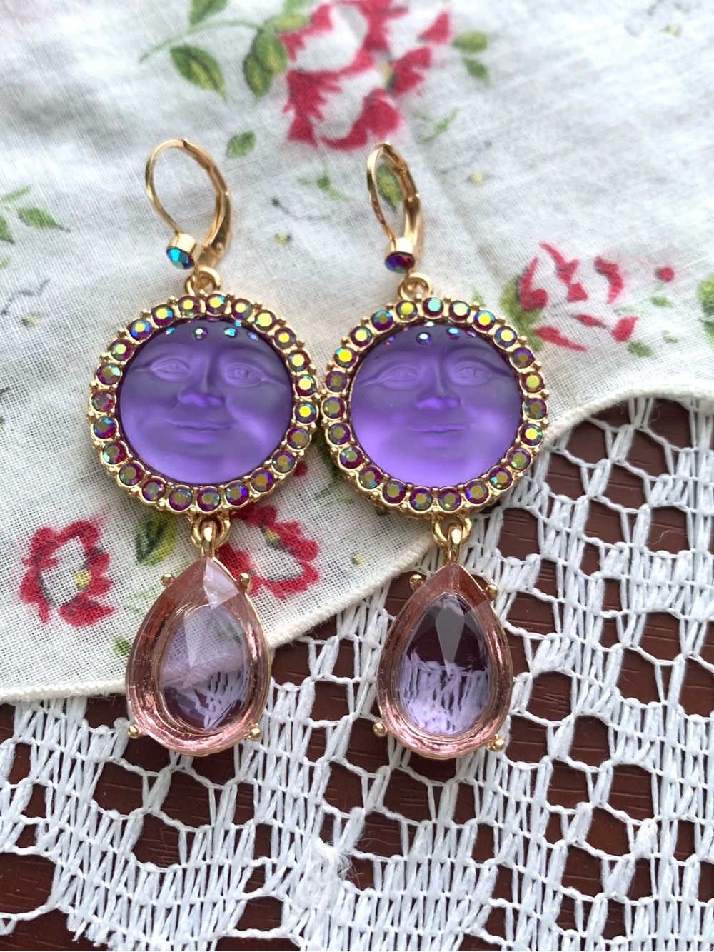 Kirk’s Folly Purple Moon Face Dangling Teardrop Vintage/Retro Earrings - Picture 2 of 4